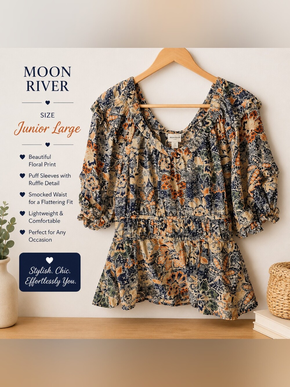 Moon River Floral Peplum Top - Navy, Mustard & Cream